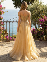 A-Line/Princess Glitter Tulle Off Shoulder Spaghetti Straps Sequin Corset Bodice Prom Dresses Maxi Ball Gown with Slit