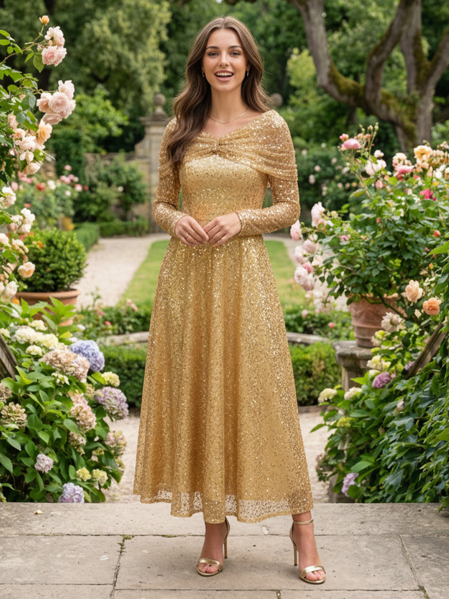 A-Line Glitter Sequin Tulle Off Shoulder Long Sleeves Prom Dresses Tea-Length Evening Party Gowns