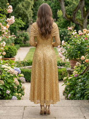 A-Line Glitter Sequin Tulle Off Shoulder Long Sleeves Prom Dresses Tea-Length Evening Party Gowns