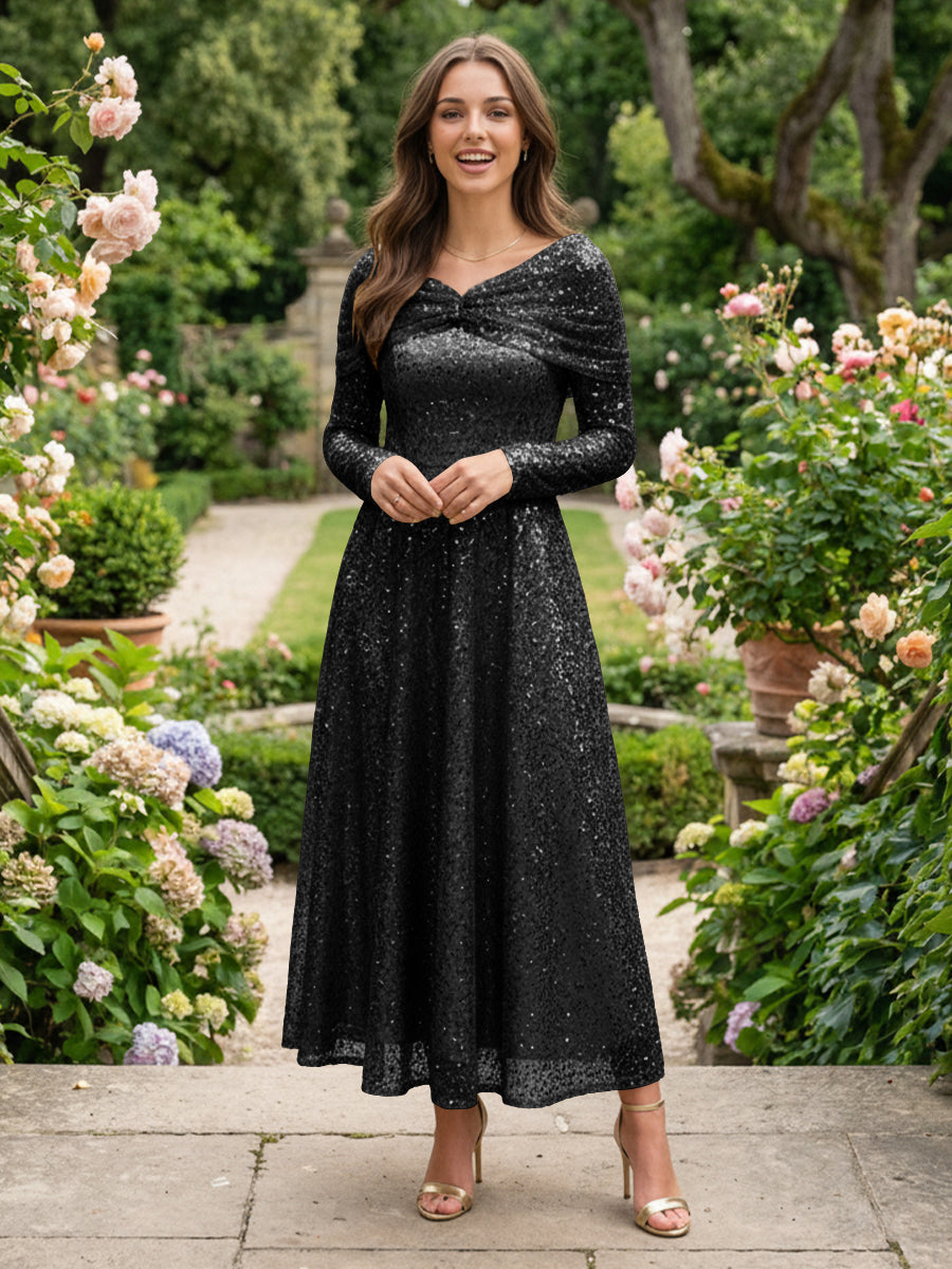 A-Line Glitter Sequin Tulle Off Shoulder Long Sleeves Prom Dresses Tea-Length Evening Party Gowns