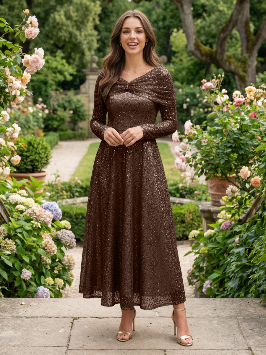 A-Line Glitter Sequin Tulle Off Shoulder Long Sleeves Prom Dresses Tea-Length Evening Party Gowns