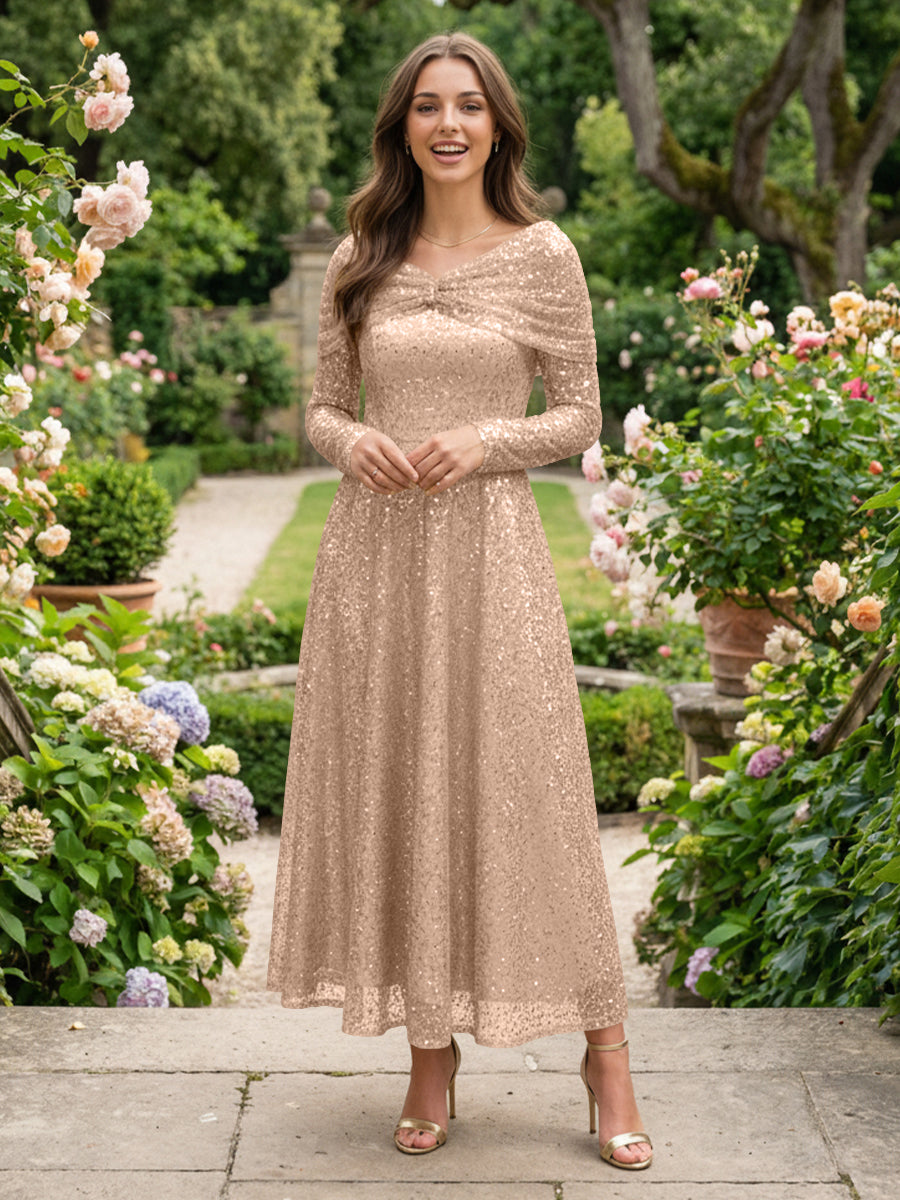 A-Line Glitter Sequin Tulle Off Shoulder Long Sleeves Prom Dresses Tea-Length Evening Party Gowns