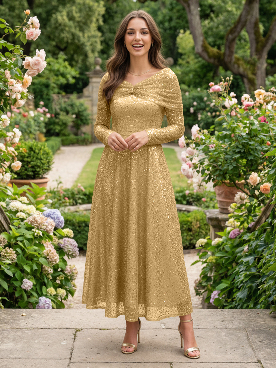 A-Line Glitter Sequin Tulle Off Shoulder Long Sleeves Prom Dresses Tea-Length Evening Party Gowns