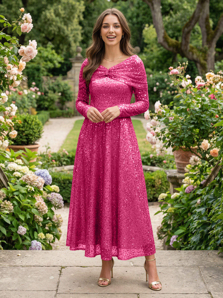 A-Line Glitter Sequin Tulle Off Shoulder Long Sleeves Prom Dresses Tea-Length Evening Party Gowns