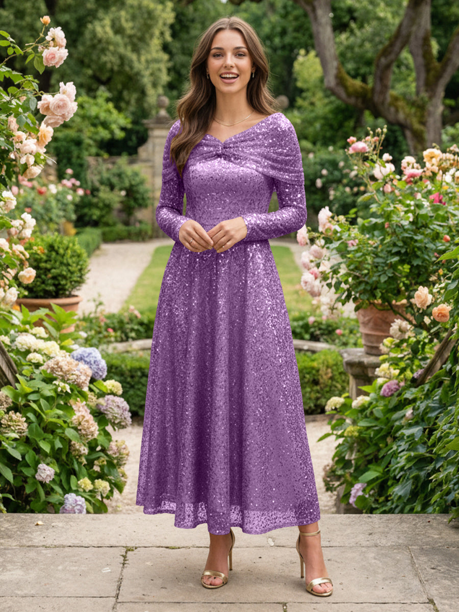 A-Line Glitter Sequin Tulle Off Shoulder Long Sleeves Prom Dresses Tea-Length Evening Party Gowns