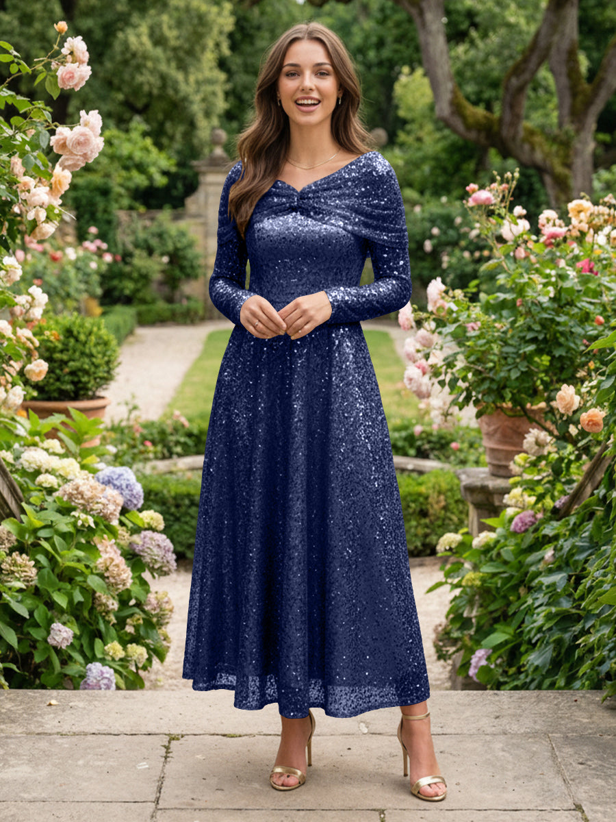 A-Line Glitter Sequin Tulle Off Shoulder Long Sleeves Prom Dresses Tea-Length Evening Party Gowns