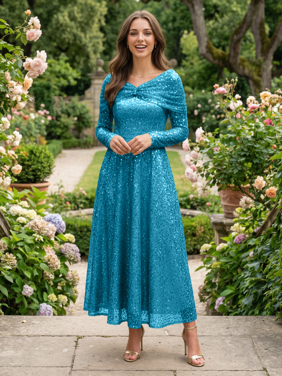 A-Line Glitter Sequin Tulle Off Shoulder Long Sleeves Prom Dresses Tea-Length Evening Party Gowns
