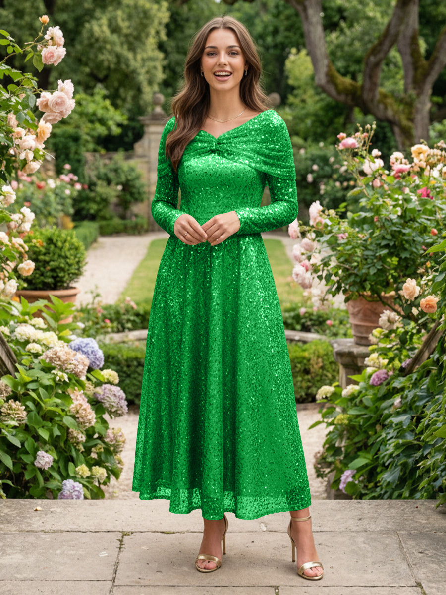 A-Line Glitter Sequin Tulle Off Shoulder Long Sleeves Prom Dresses Tea-Length Evening Party Gowns