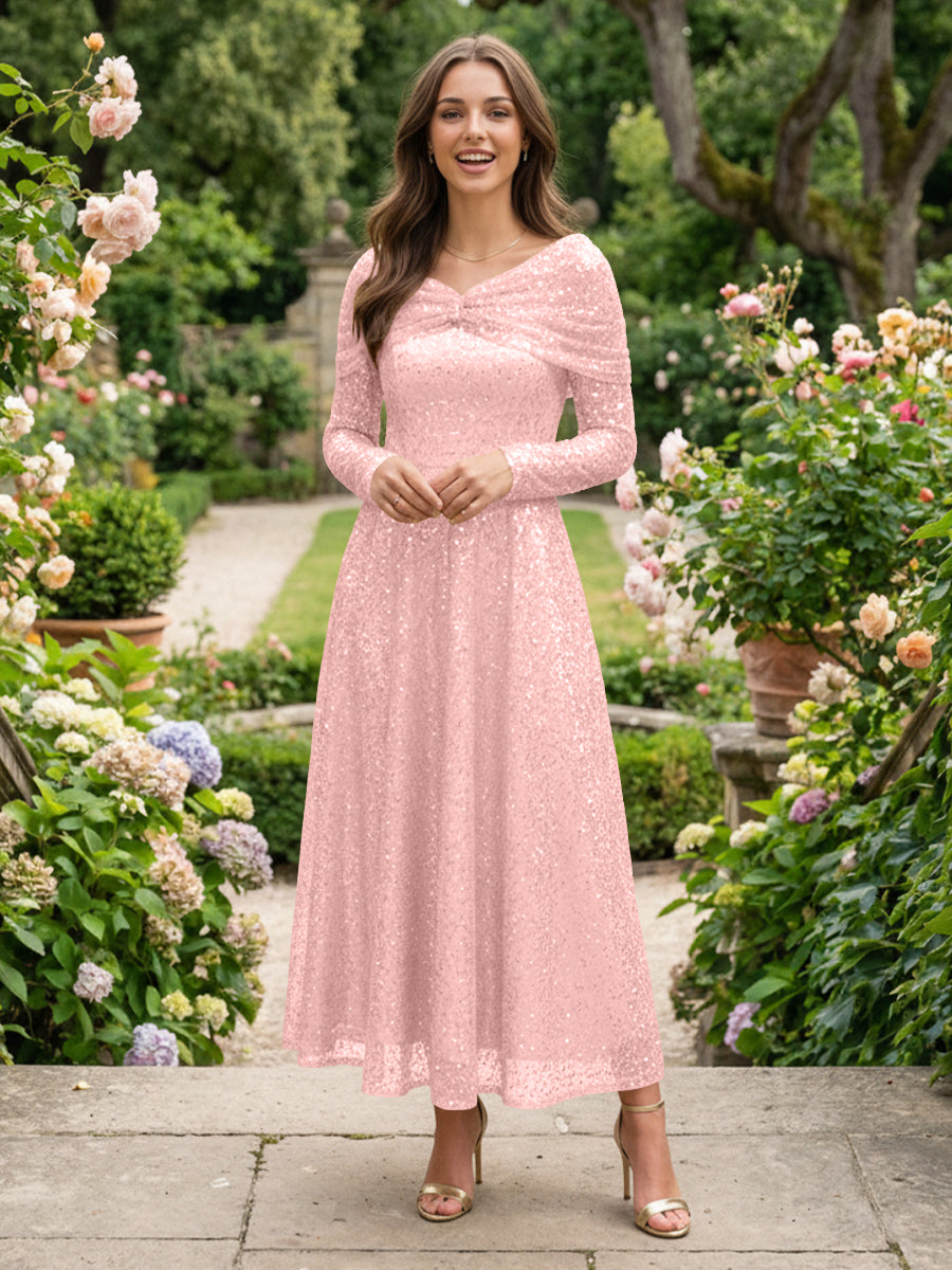 A-Line Glitter Sequin Tulle Off Shoulder Long Sleeves Prom Dresses Tea-Length Evening Party Gowns