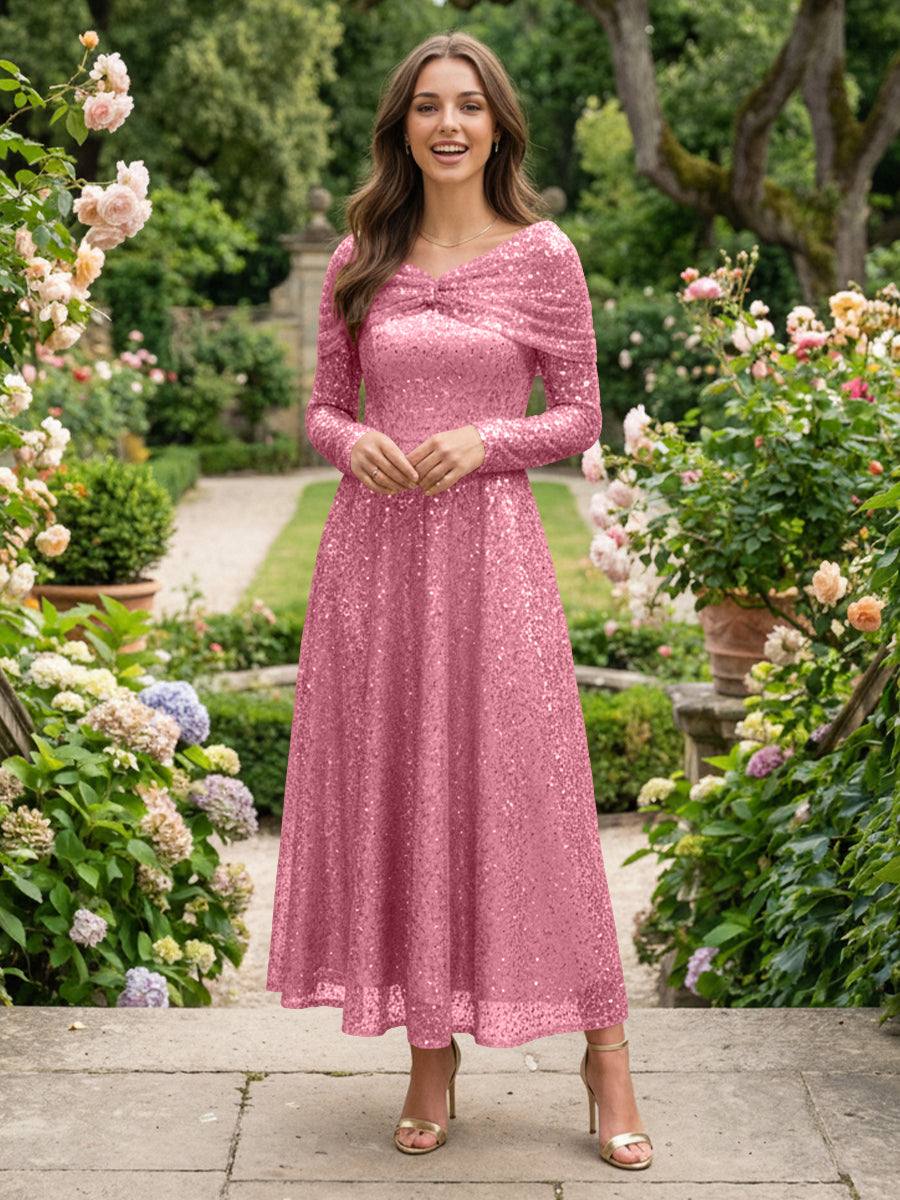 A-Line Glitter Sequin Tulle Off Shoulder Long Sleeves Prom Dresses Tea-Length Evening Party Gowns