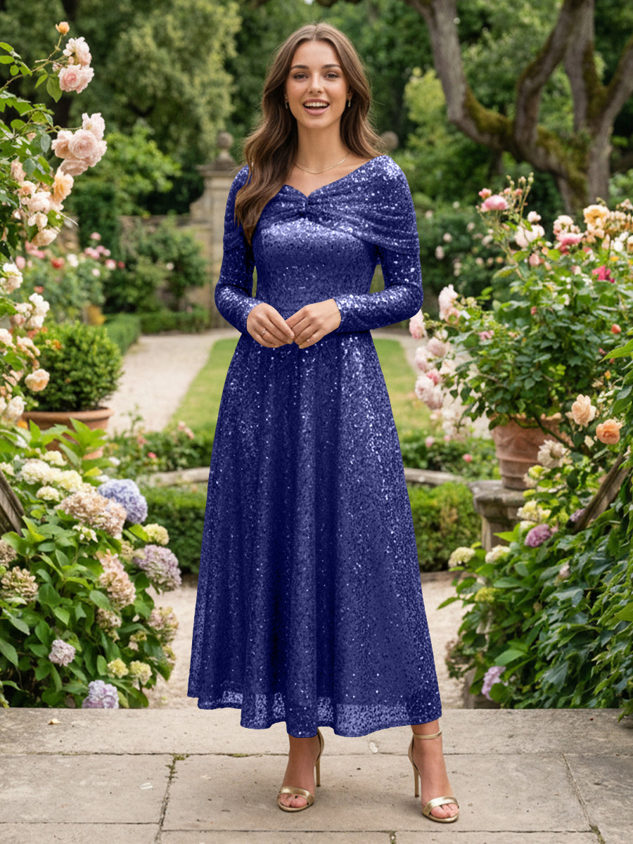 A-Line Glitter Sequin Tulle Off Shoulder Long Sleeves Prom Dresses Tea-Length Evening Party Gowns