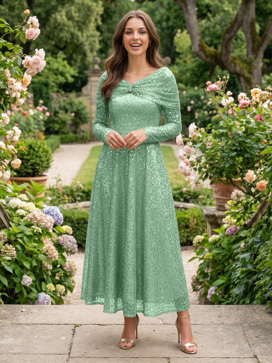 A-Line Glitter Sequin Tulle Off Shoulder Long Sleeves Prom Dresses Tea-Length Evening Party Gowns