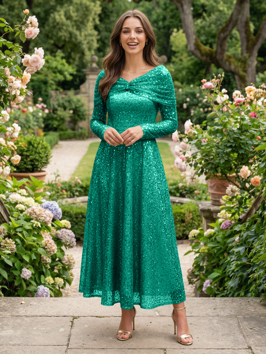 A-Line Glitter Sequin Tulle Off Shoulder Long Sleeves Prom Dresses Tea-Length Evening Party Gowns