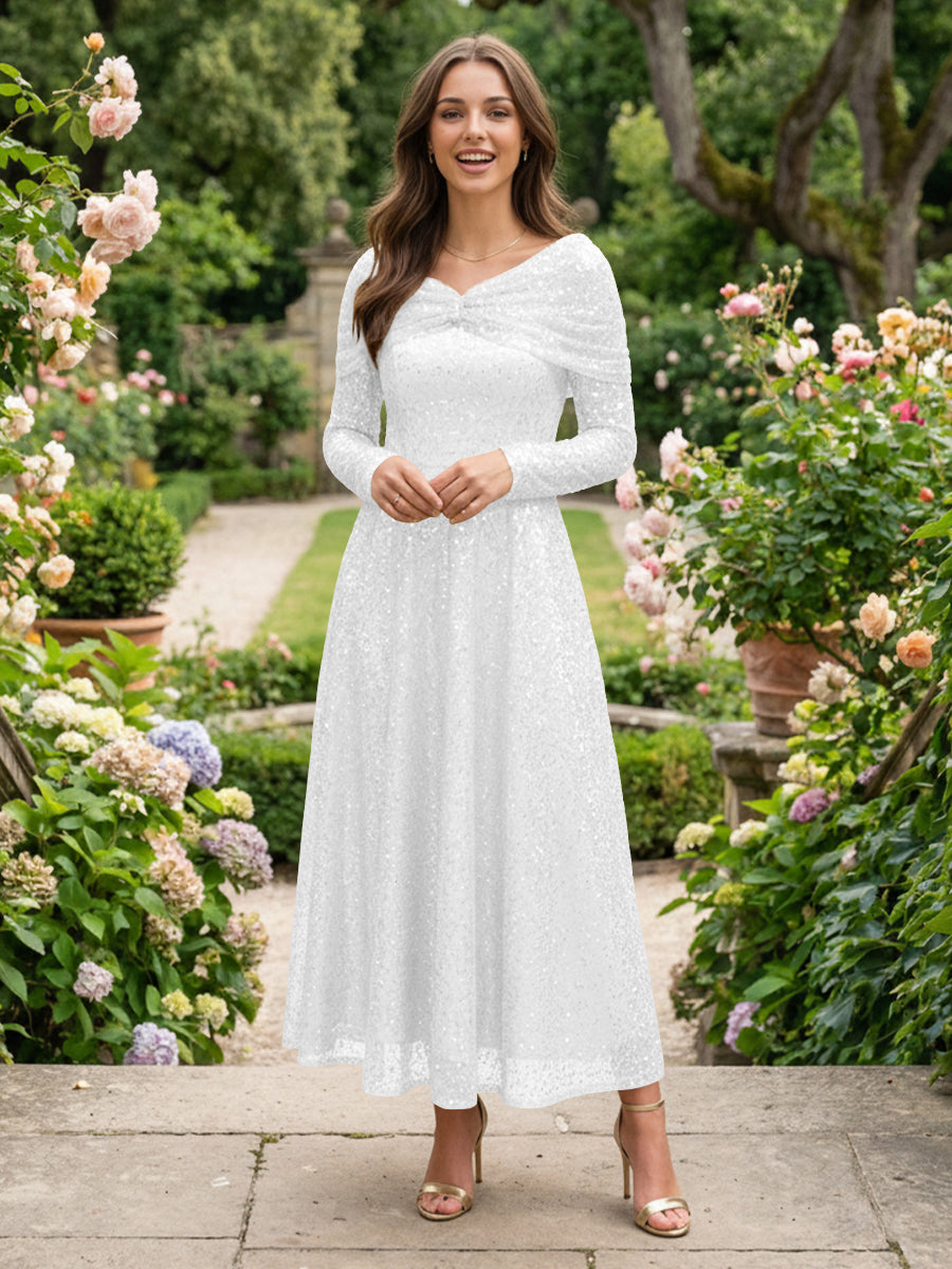A-Line Glitter Sequin Tulle Off Shoulder Long Sleeves Prom Dresses Tea-Length Evening Party Gowns