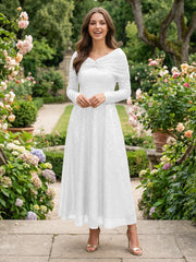 A-Line Glitter Sequin Tulle Off Shoulder Long Sleeves Prom Dresses Tea-Length Evening Party Gowns