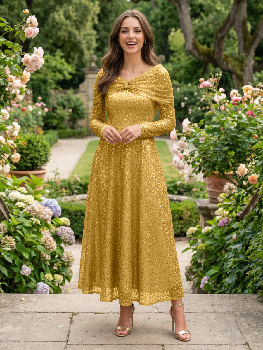 A-Line Glitter Sequin Tulle Off Shoulder Long Sleeves Prom Dresses Tea-Length Evening Party Gowns
