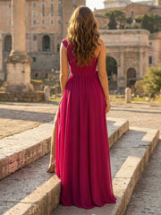 A-Line Chiffon Pleated One Shoulder Ruched Bow Waist Maxi Formal Dresses with Slit