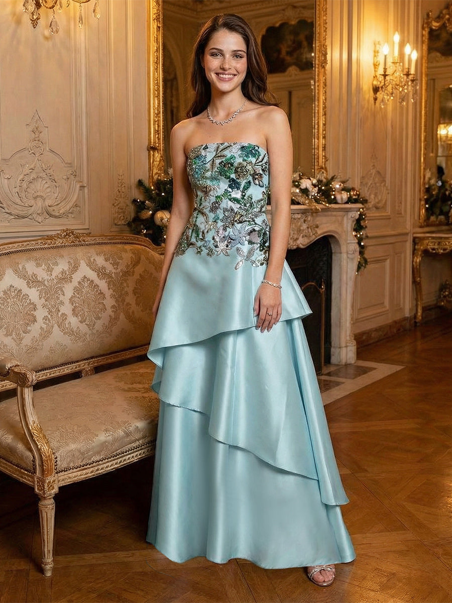 A-Line Strapless Satin Long Evening Dresses with Ruffles Tiered & Floral Sequin Embroidery Bodice