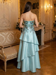 A-Line Strapless Satin Long Evening Dresses with Ruffles Tiered & Floral Sequin Embroidery Bodice