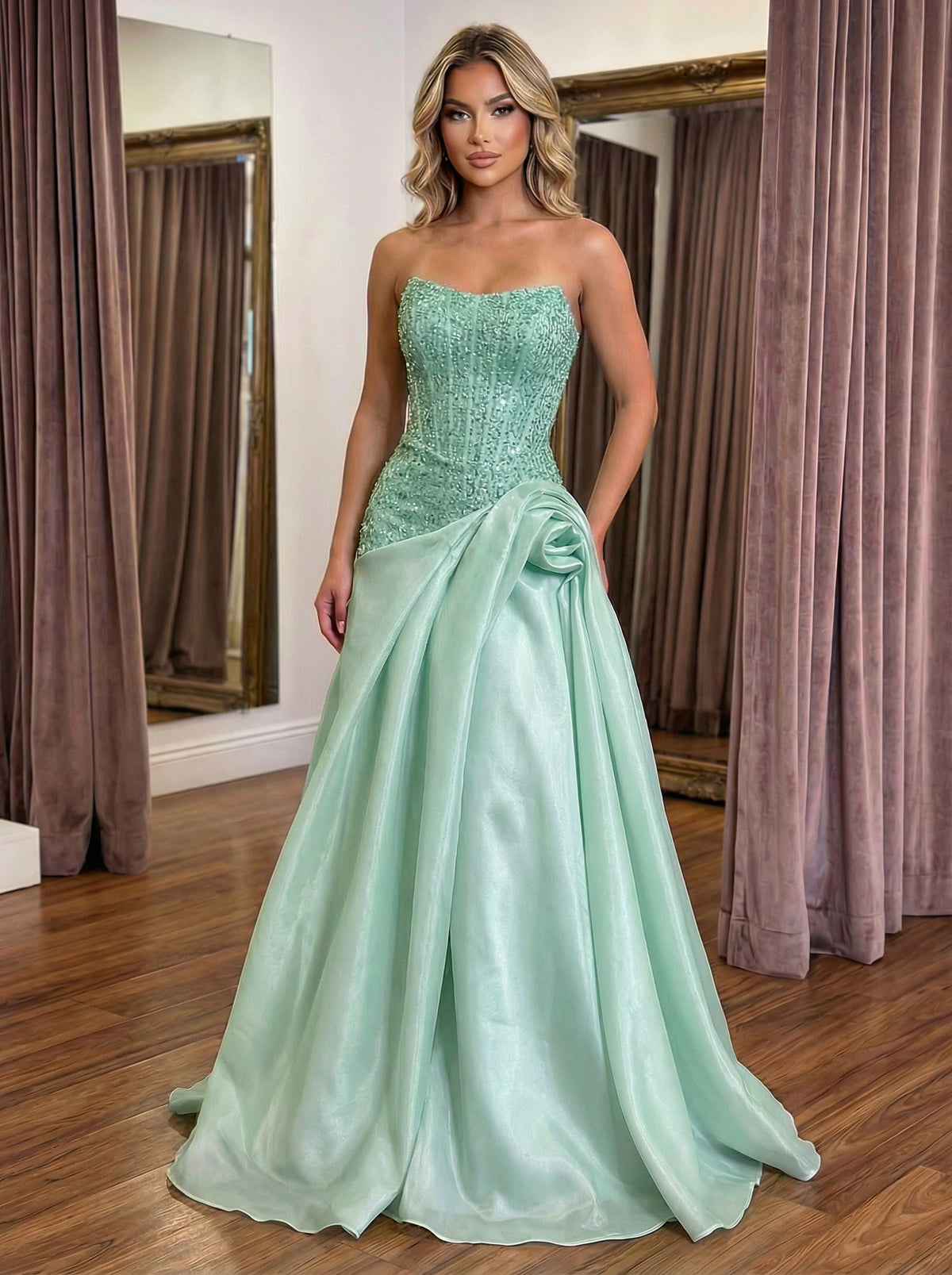 A-Line Organza Strapless Beaded Sequin Corset Evening Dresses Long Ball Gowns with Sweep Train
