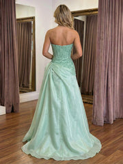 A-Line Organza Strapless Beaded Sequin Corset Evening Dresses Long Ball Gowns with Sweep Train