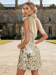 A Line/Princess Sleeveless Sequin Short-Length Homecoming Dresses with Bow