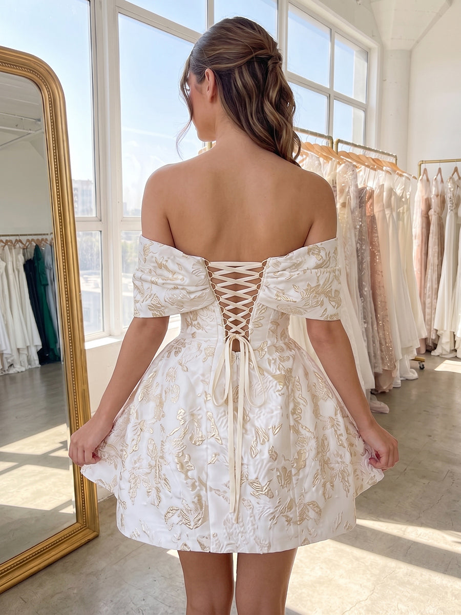 A-Line/Princess Off Shoulder Jacquard Mini Homecoming Dresses with Bow