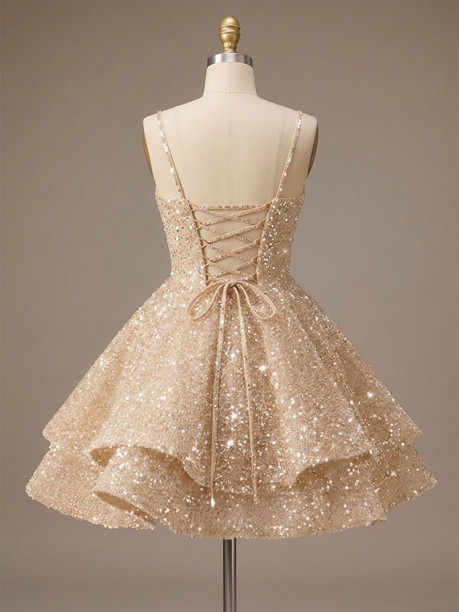A-Line/Princess Mini Sparkly Sequin Tiered Homecoming Dresses with Spaghetti Straps