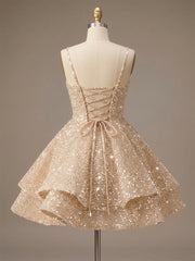 A-Line/Princess Mini Sparkly Sequin Tiered Homecoming Dresses with Spaghetti Straps