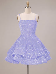 A-Line/Princess Mini Sparkly Sequin Tiered Homecoming Dresses with Spaghetti Straps