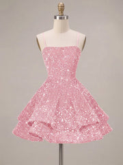 A-Line/Princess Mini Sparkly Sequin Tiered Homecoming Dresses with Spaghetti Straps