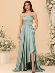 A-Line/Princess Halter Sleeveless Floor-Length Bridesmaid Dresses with Asymmetrical Slit