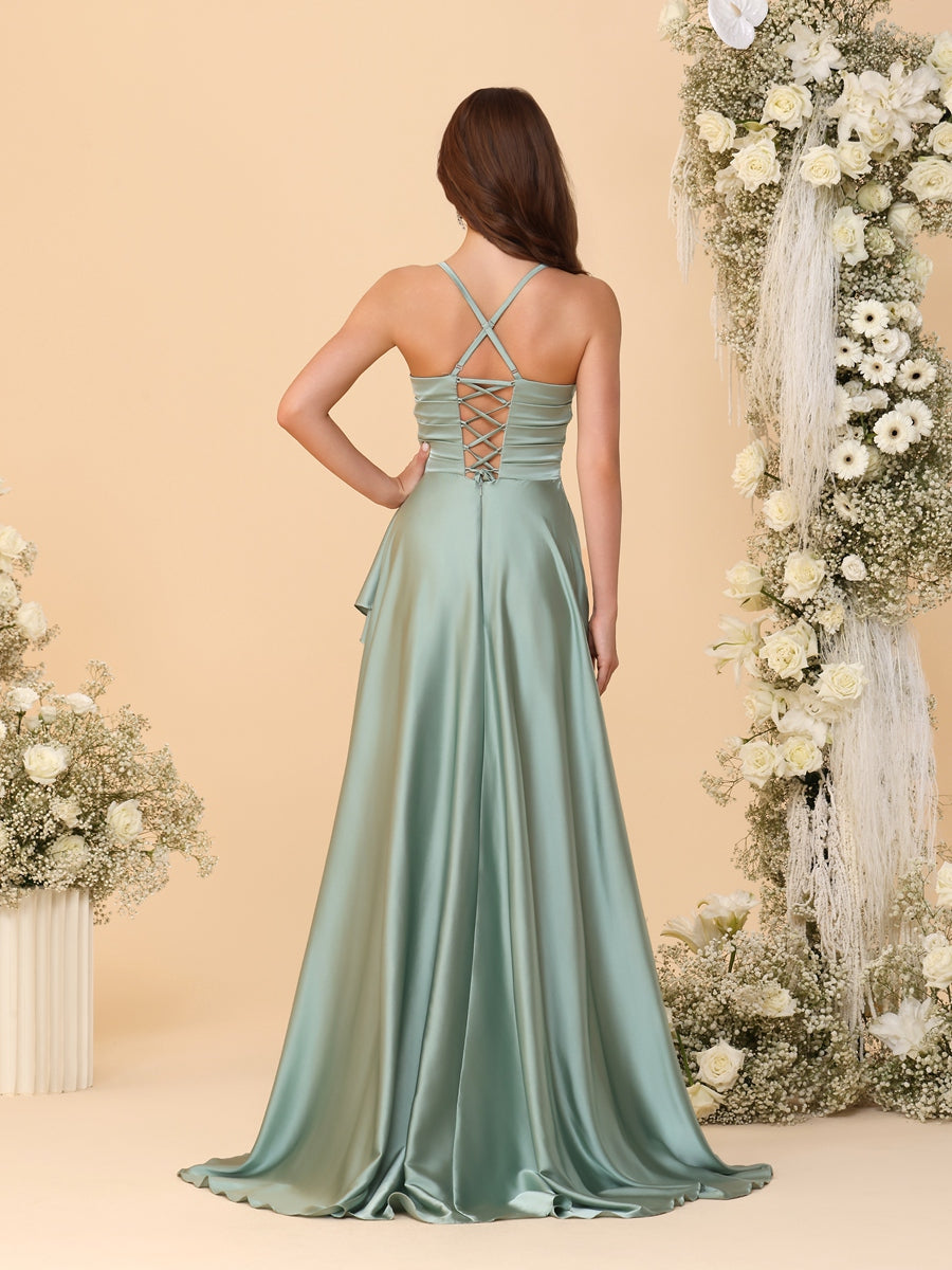 A-Line/Princess Halter Sleeveless Floor-Length Bridesmaid Dresses with Asymmetrical Slit