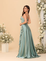 A-Line/Princess Halter Sleeveless Floor-Length Bridesmaid Dresses with Asymmetrical Slit