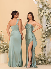 A-Line/Princess One Shoulder Sleeveless Floor-Length Bridesmaid Dresses with Ruffle Slit