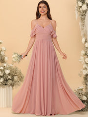 A-Line/Princess Cold Shoulder Tiered Sleeve Floor-Length Bridesmaid Dresses