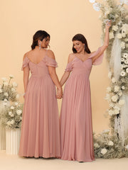A-Line/Princess Cold Shoulder Tiered Sleeve Floor-Length Bridesmaid Dresses