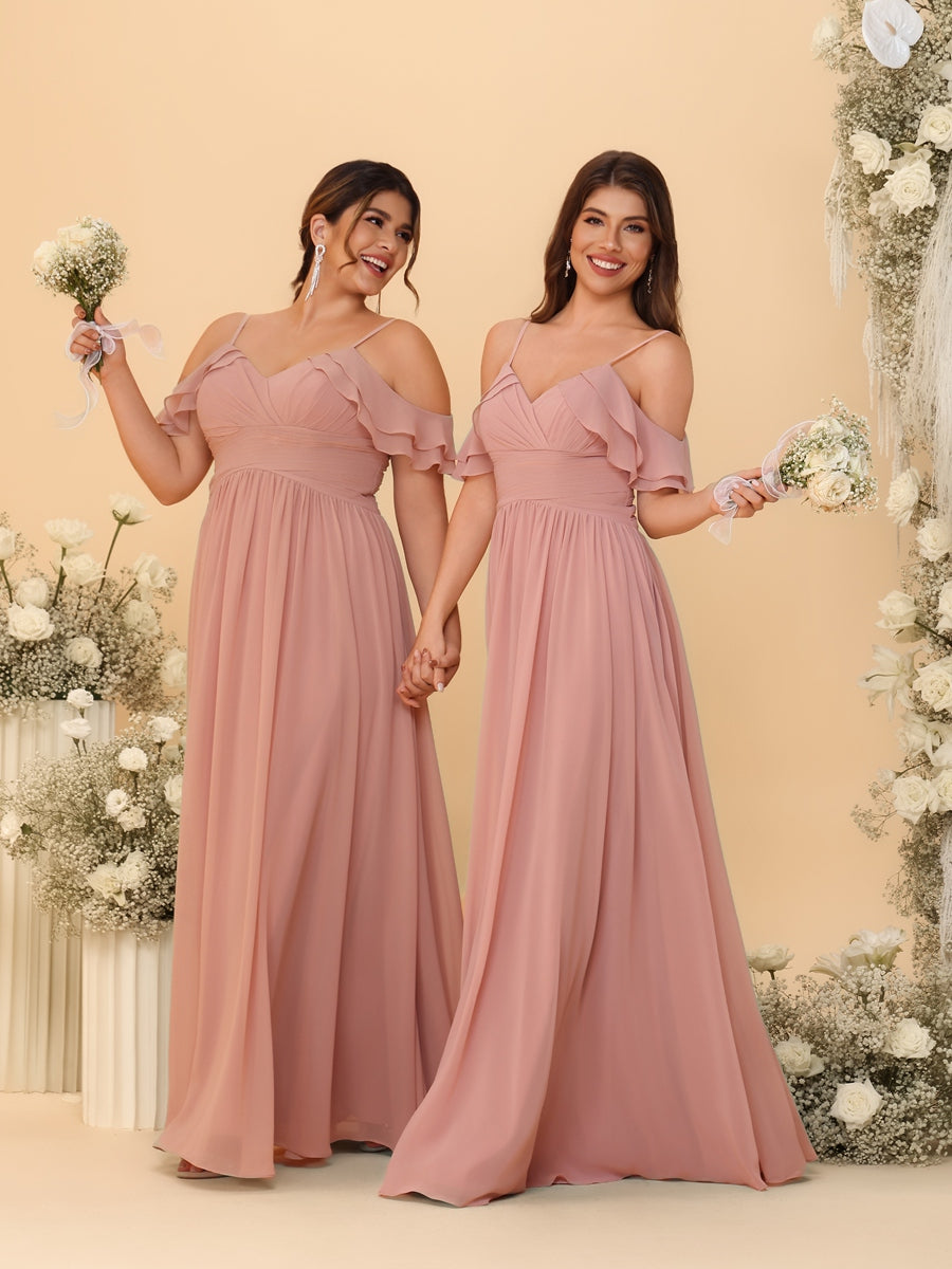 A-Line/Princess Cold Shoulder Tiered Sleeve Floor-Length Bridesmaid Dresses