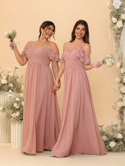 A-Line/Princess Cold Shoulder Tiered Sleeve Floor-Length Bridesmaid Dresses