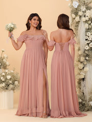 A-Line/Princess Cold Shoulder Tiered Sleeve Floor-Length Bridesmaid Dresses with Flower