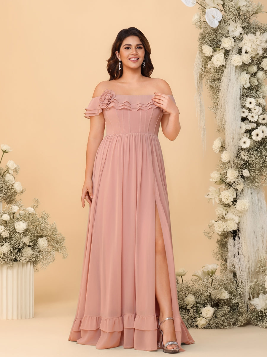 A-Line/Princess Cold Shoulder Tiered Sleeve Floor-Length Bridesmaid Dresses with Flower