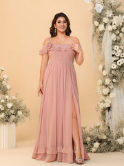 A-Line/Princess Cold Shoulder Tiered Sleeve Floor-Length Bridesmaid Dresses with Flower