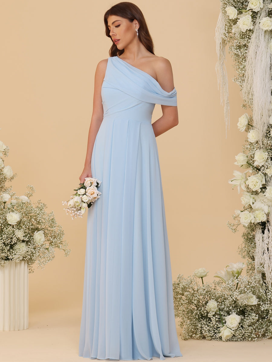 A-Line/Princess Asymmetrical Neck Floor-Length Bridesmaid Dresses with Shoulder Drape