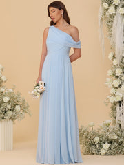 A-Line/Princess Asymmetrical Neck Floor-Length Bridesmaid Dresses with Shoulder Drape
