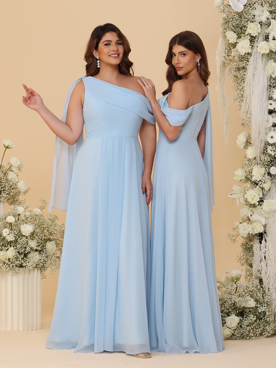 A-Line/Princess Asymmetrical Neck Floor-Length Bridesmaid Dresses with Shoulder Drape