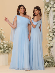 A-Line/Princess Asymmetrical Neck Floor-Length Bridesmaid Dresses with Shoulder Drape