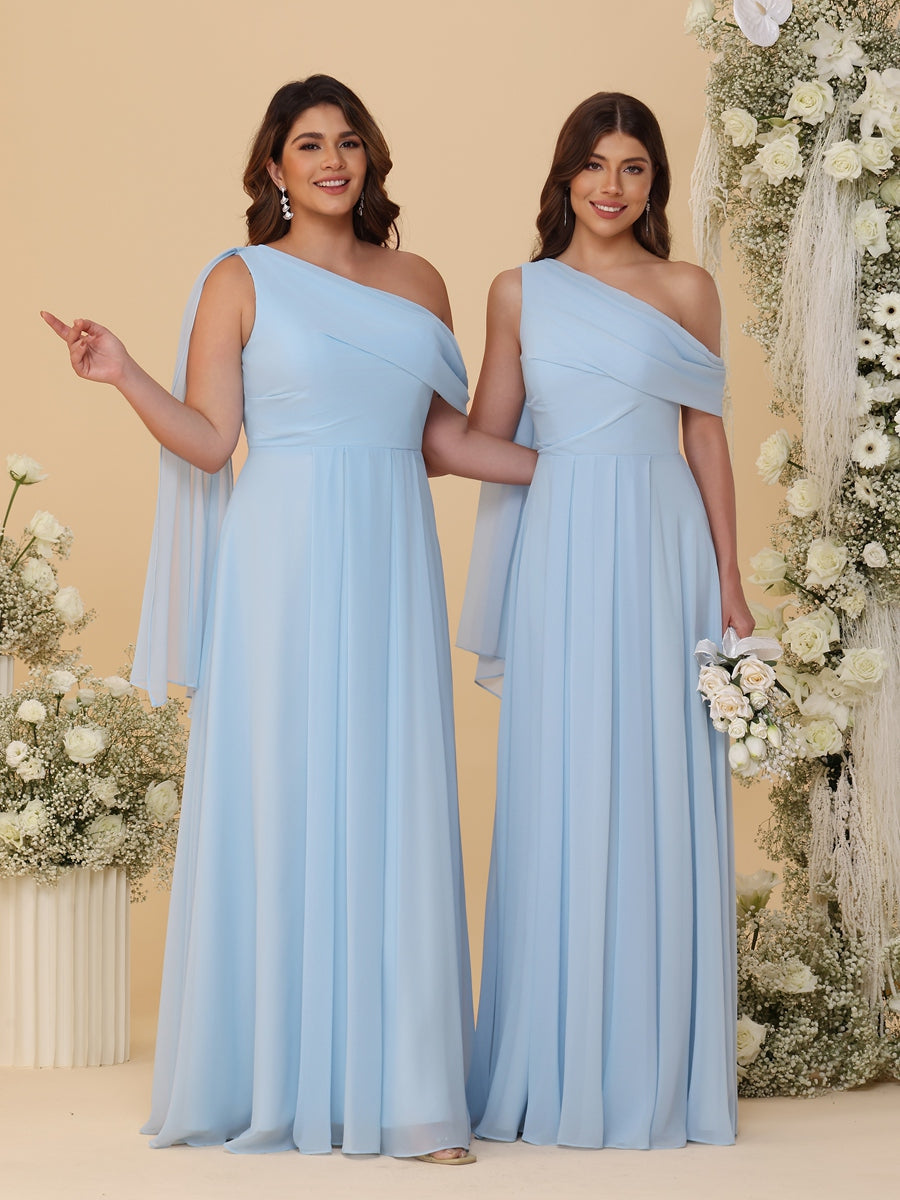 A-Line/Princess Asymmetrical Neck Floor-Length Bridesmaid Dresses with Shoulder Drape
