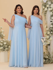 A-Line/Princess Asymmetrical Neck Floor-Length Bridesmaid Dresses with Shoulder Drape
