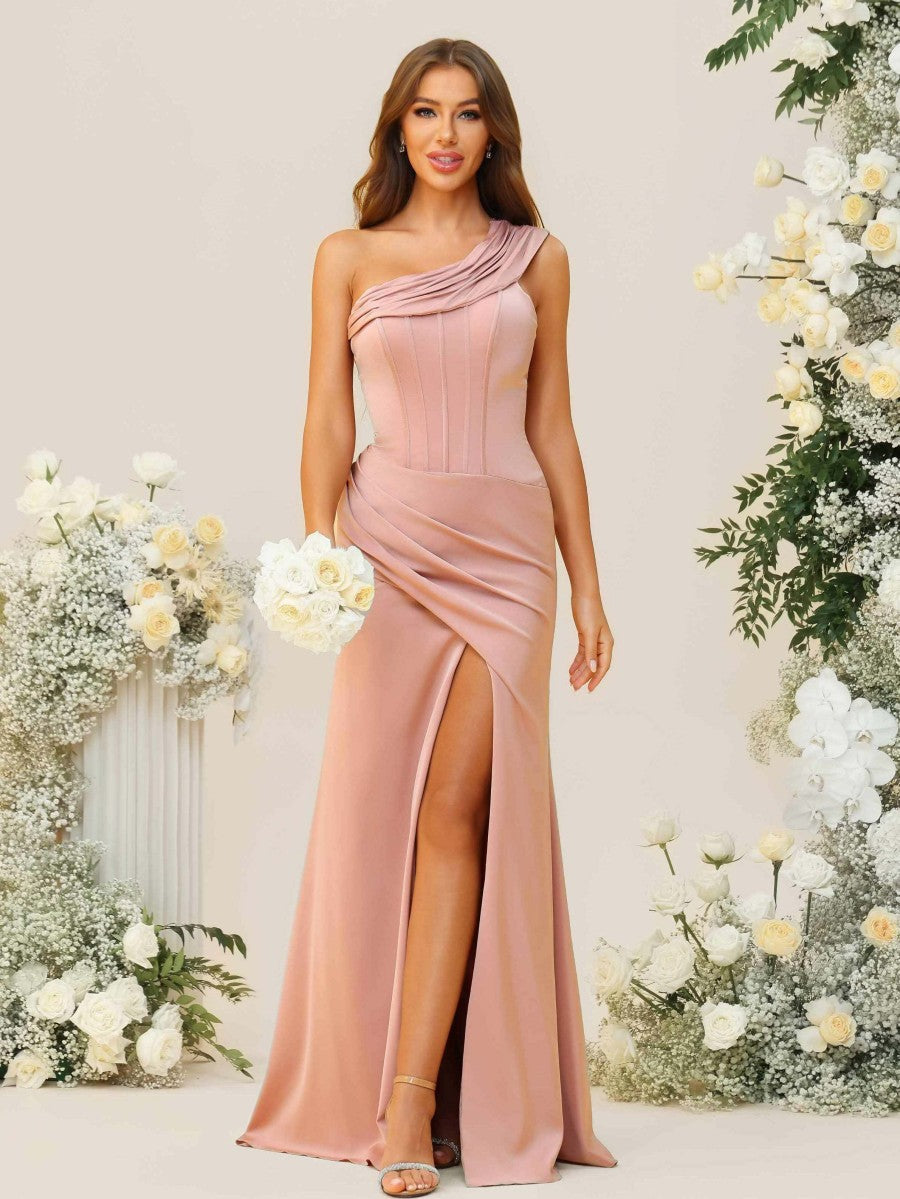 A-Line/Princess One Shoulder Ruched Floor-Length Bridesmaid Dresses