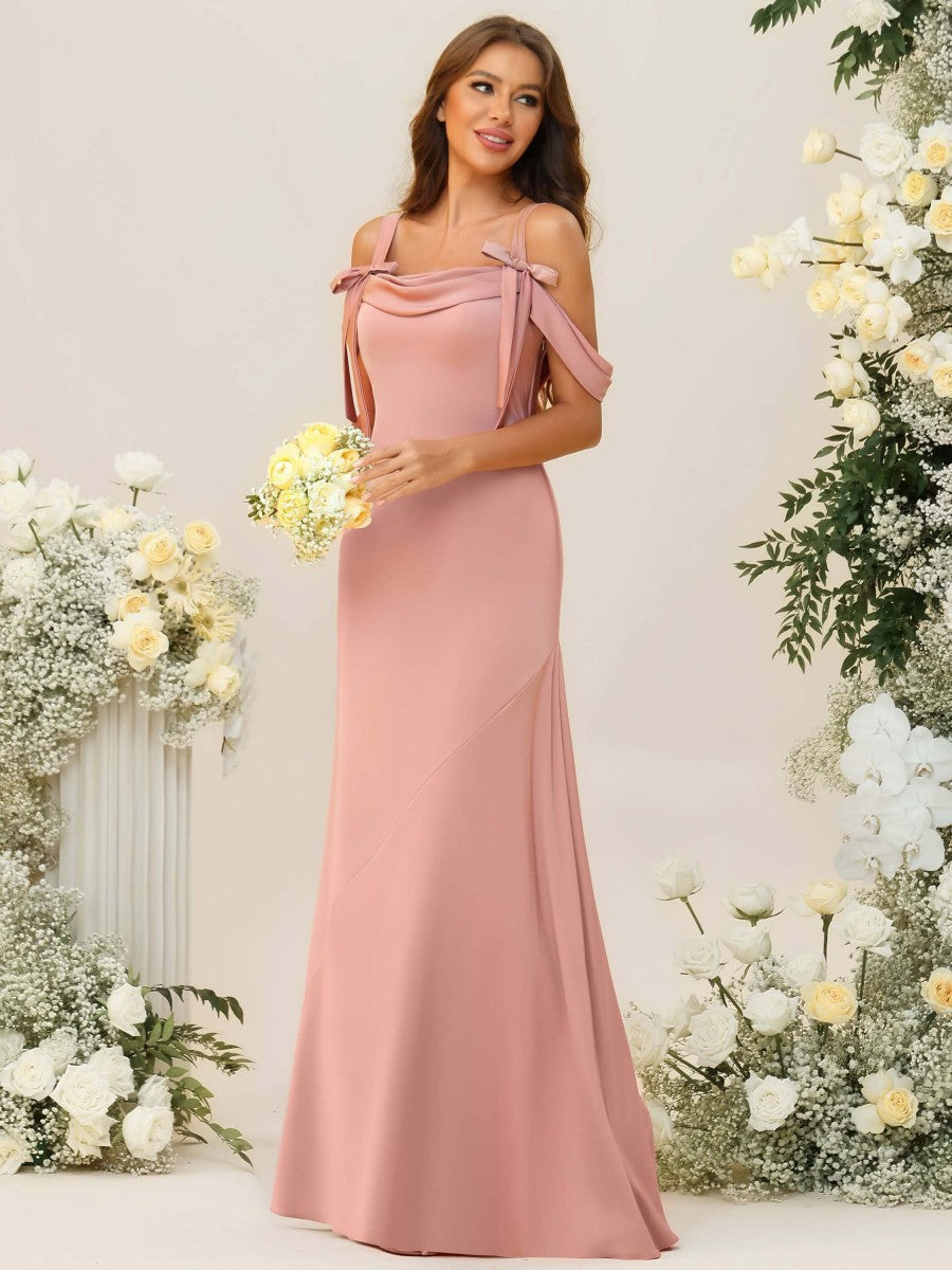 A-Line/Princess Cold Shoulder Cowl Neck Floor-Length Bridesmaid Dresses with Bows
